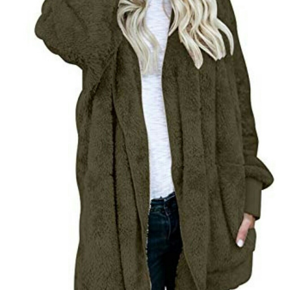 SUPER SOFT FUZZY fleece cardigan hoodie Army Green - Picture 2 of 6